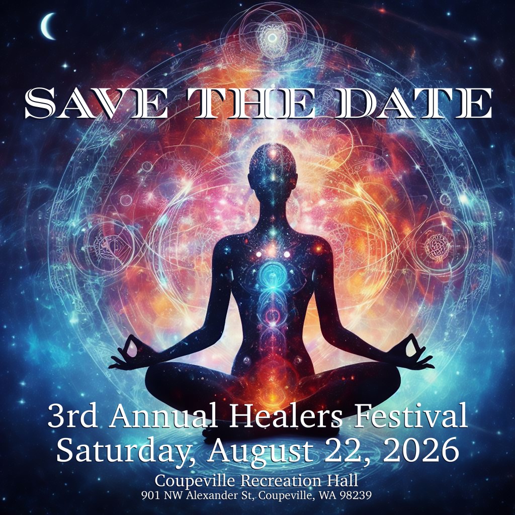 Healers Festival Save The Date with image of energized person meditating.