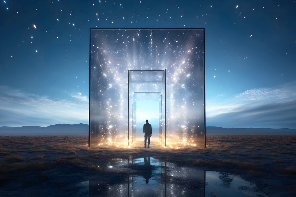 image of a man crossing through layers of clear doors on a mountain desert horizon at twilight. 